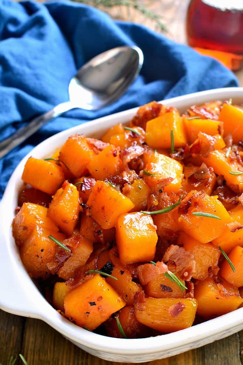 This Maple Bacon Roasted Butternut Squash is sweetened with real maple syrup and mixed with crispy bacon. The perfect addition to your holiday menu....guaranteed to become a new favorite!