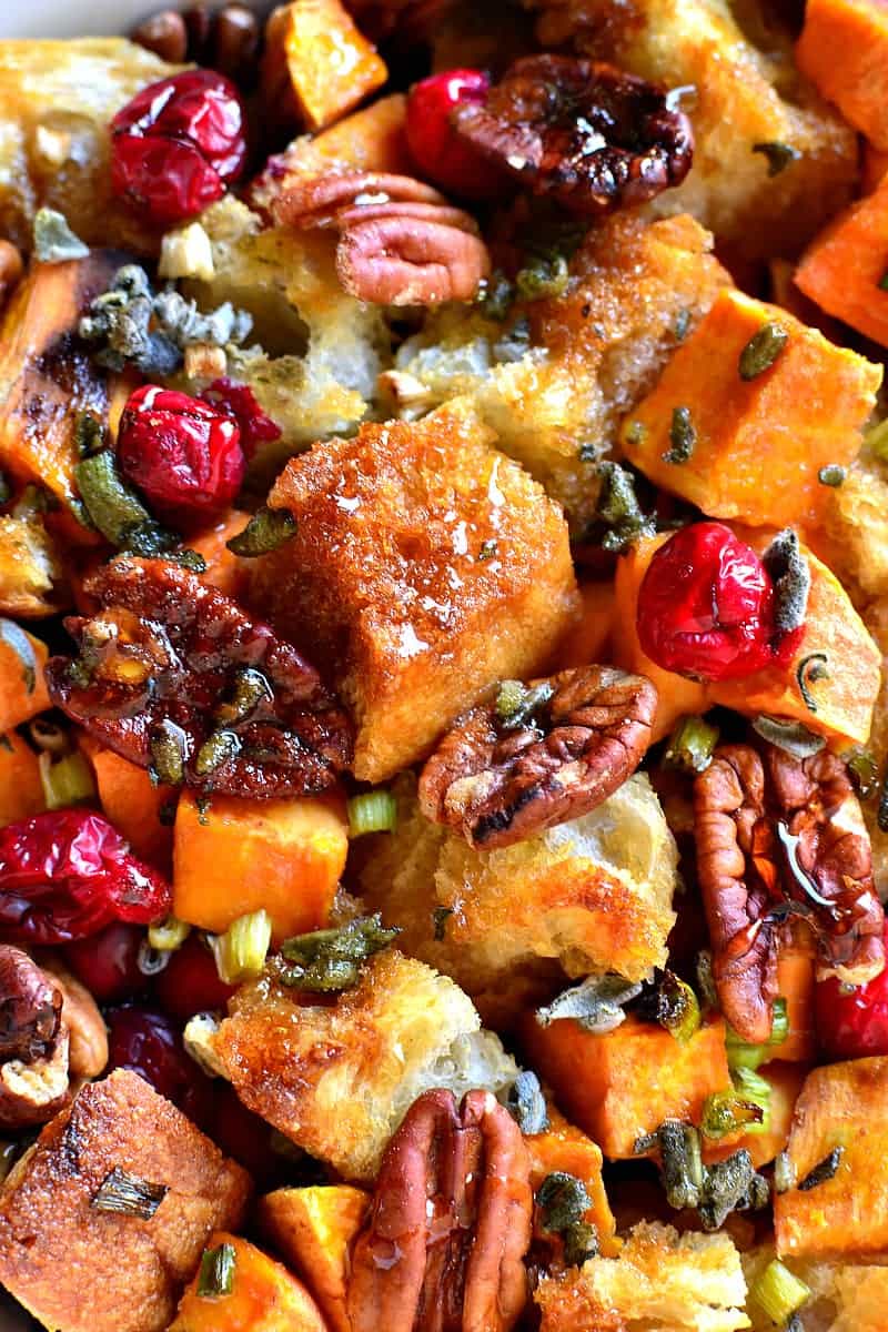 A whole new take on stuffing! This Sweet Potato Cranberry Pecan Stuffing is a little bit sweet, a little bit savory, and the perfect addition to your Thanksgiving or Christmas table!