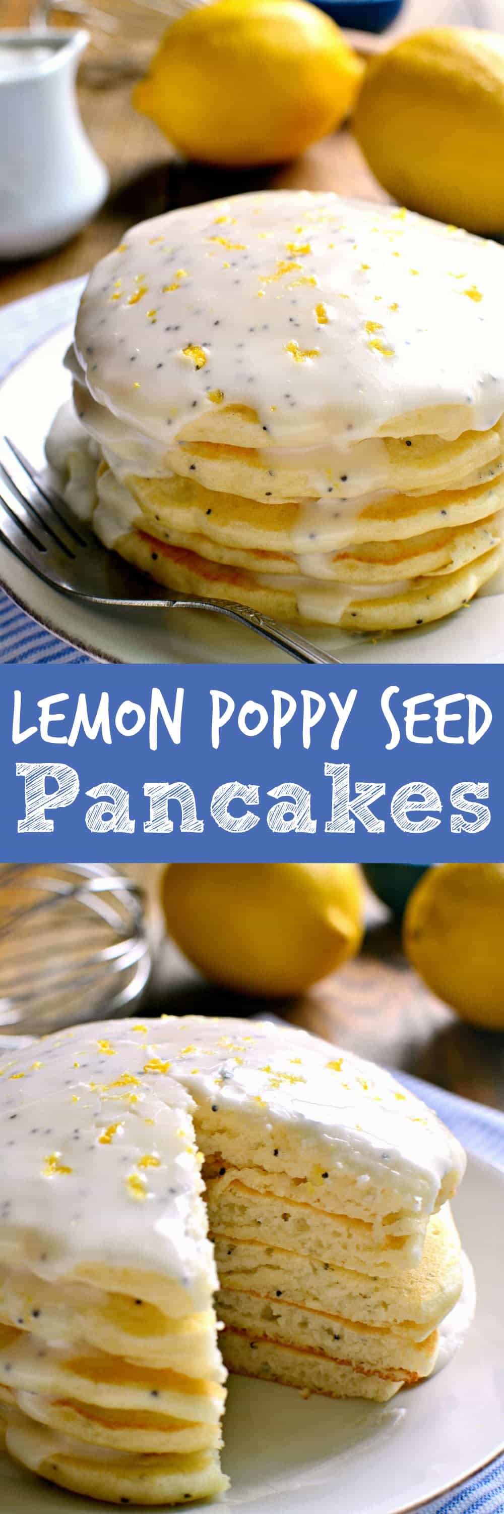 These Lemon Poppy Seed Pancakes are light, fluffy, and bursting with lemon flavor! Try them with lemon poppy seed glaze for a sweet, tart, delicious start to your day.