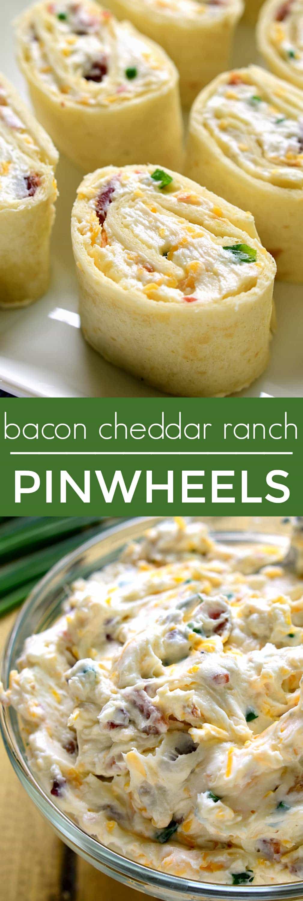 These Bacon Cheddar Ranch Pinwheels are the perfect party food! Loaded with bacon, cheddar cheese, and creamy ranch flavor, they're sure to become your new favorite party appetizer!