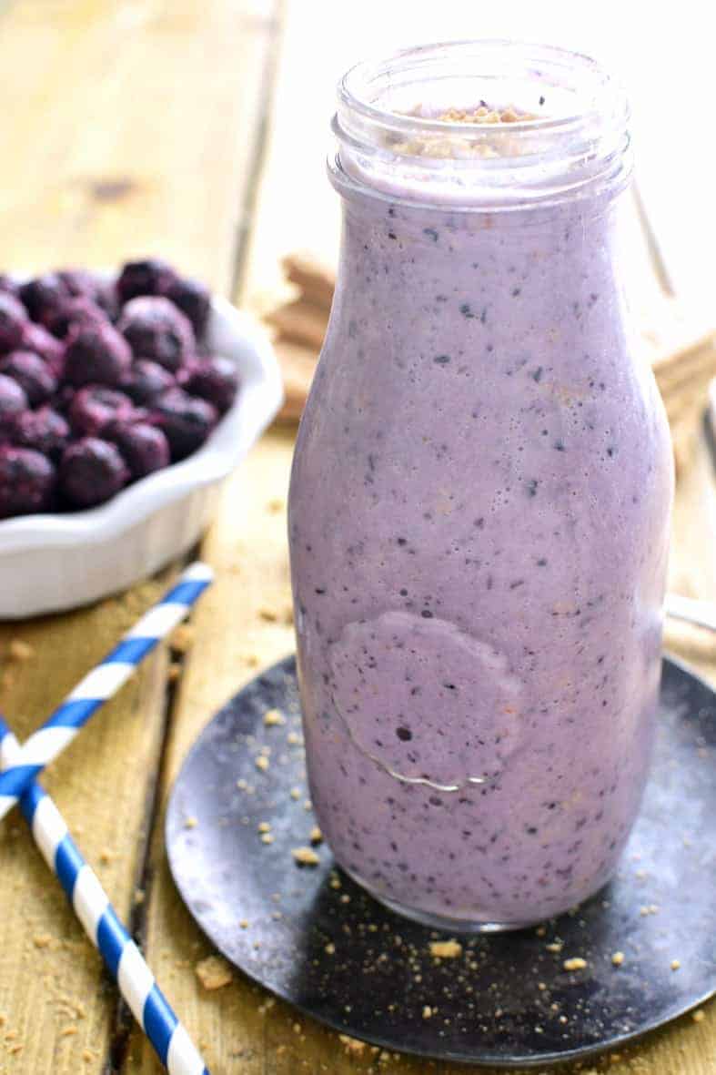 This Blueberry Pie Smoothie tastes just like blueberry pie....in a glass! Perfect for breakfast, snack, or a healthy treat!