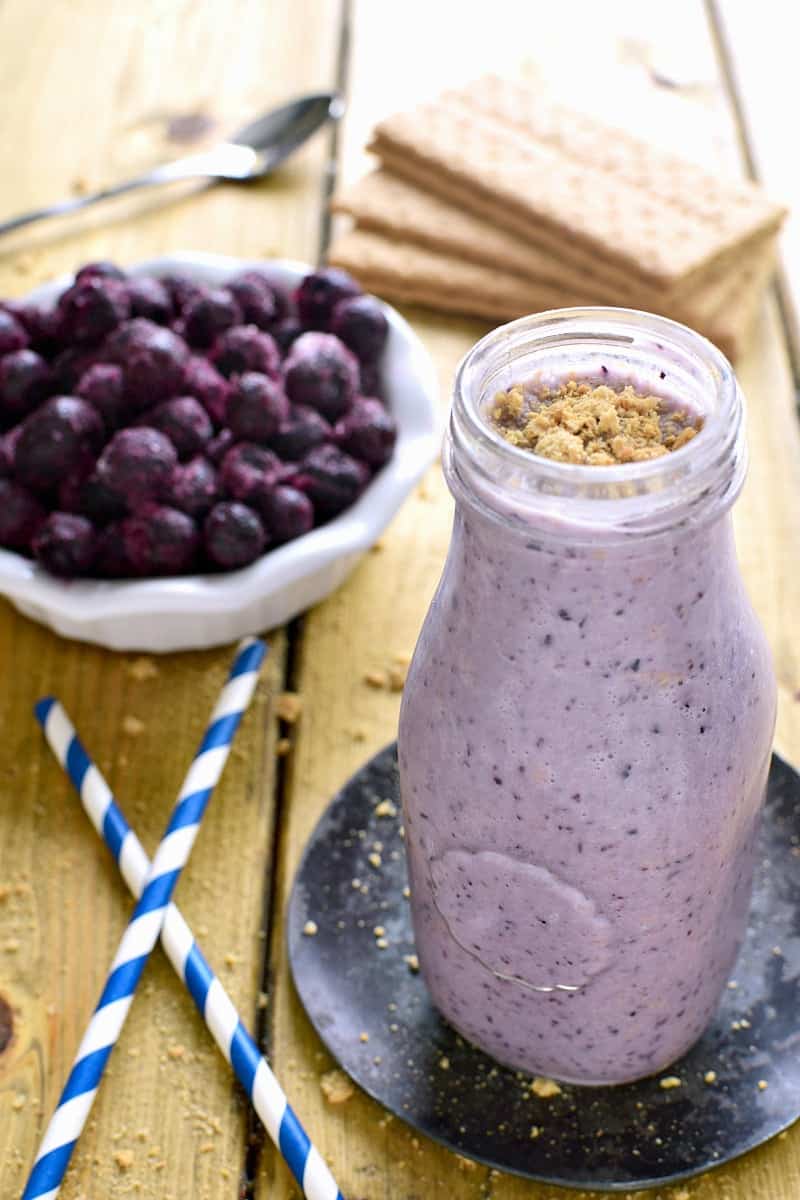 This Blueberry Pie Smoothie tastes just like blueberry pie....in a glass! Perfect for breakfast, snack, or a healthy treat!