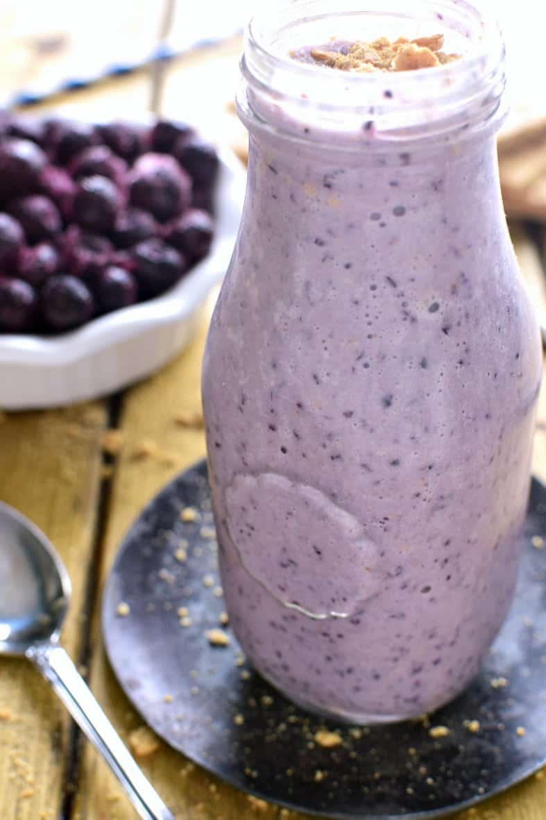 This Blueberry Pie Smoothie tastes just like blueberry pie....in a glass! Perfect for breakfast, snack, or a healthy treat!