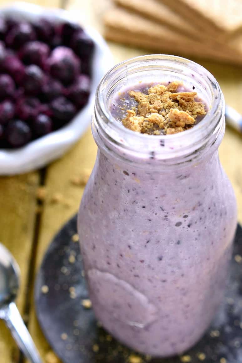 This Blueberry Pie Smoothie tastes just like blueberry pie....in a glass! Perfect for breakfast, snack, or a healthy treat!