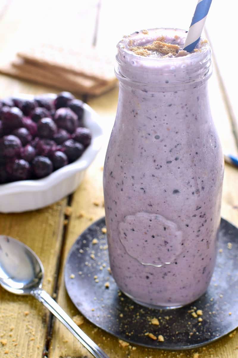 This Blueberry Pie Smoothie tastes just like blueberry pie....in a glass! Perfect for breakfast, snack, or a healthy treat!