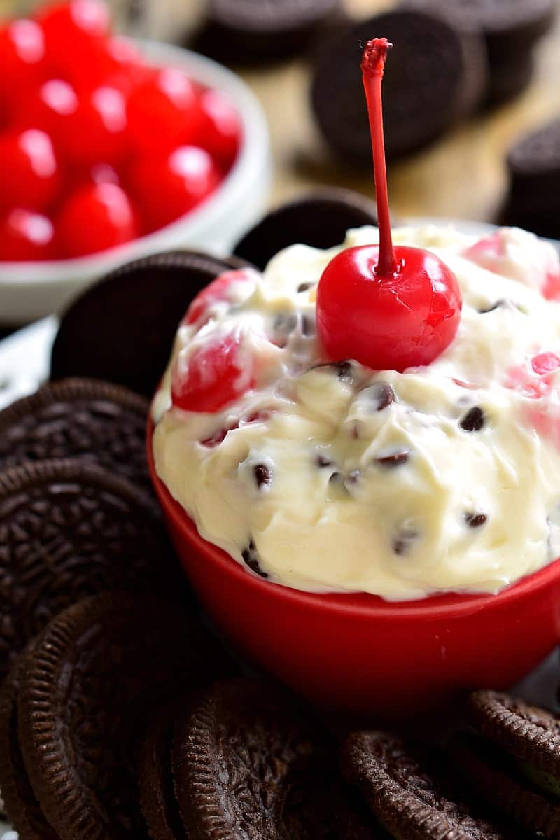 This Chocolate Cherry Amaretto Dip is sweet, creamy, and SO delicious! This 5 minute, 5 ingredient dip will disappear fast! Perfect for Valentine's Day....or just because!