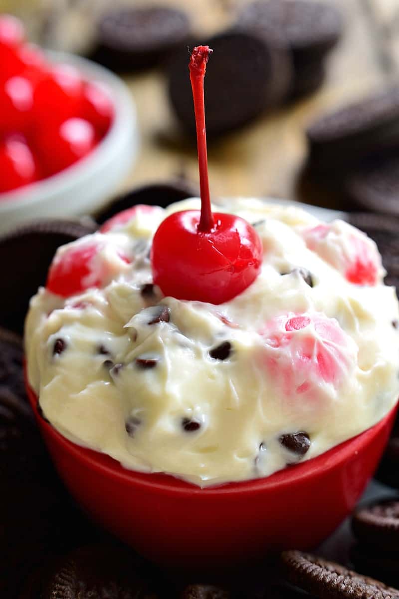 This Chocolate Cherry Amaretto Dip is sweet, creamy, and SO delicious! This 5 minute, 5 ingredient dip will disappear fast! Perfect for Valentine's Day....or just because!