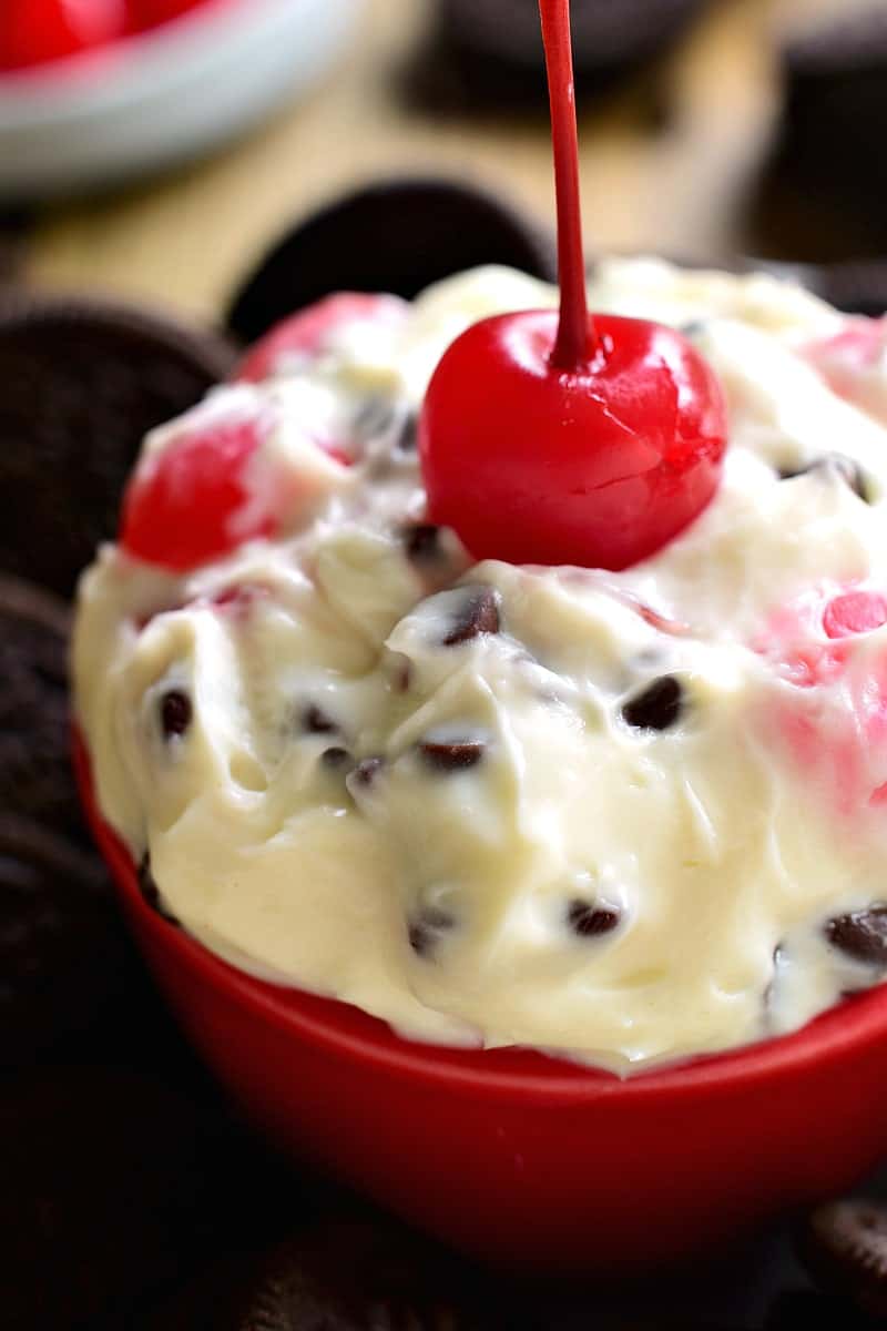 This Chocolate Cherry Amaretto Dip is sweet, creamy, and SO delicious! This 5 minute, 5 ingredient dip will disappear fast! Perfect for Valentine's Day....or just because!