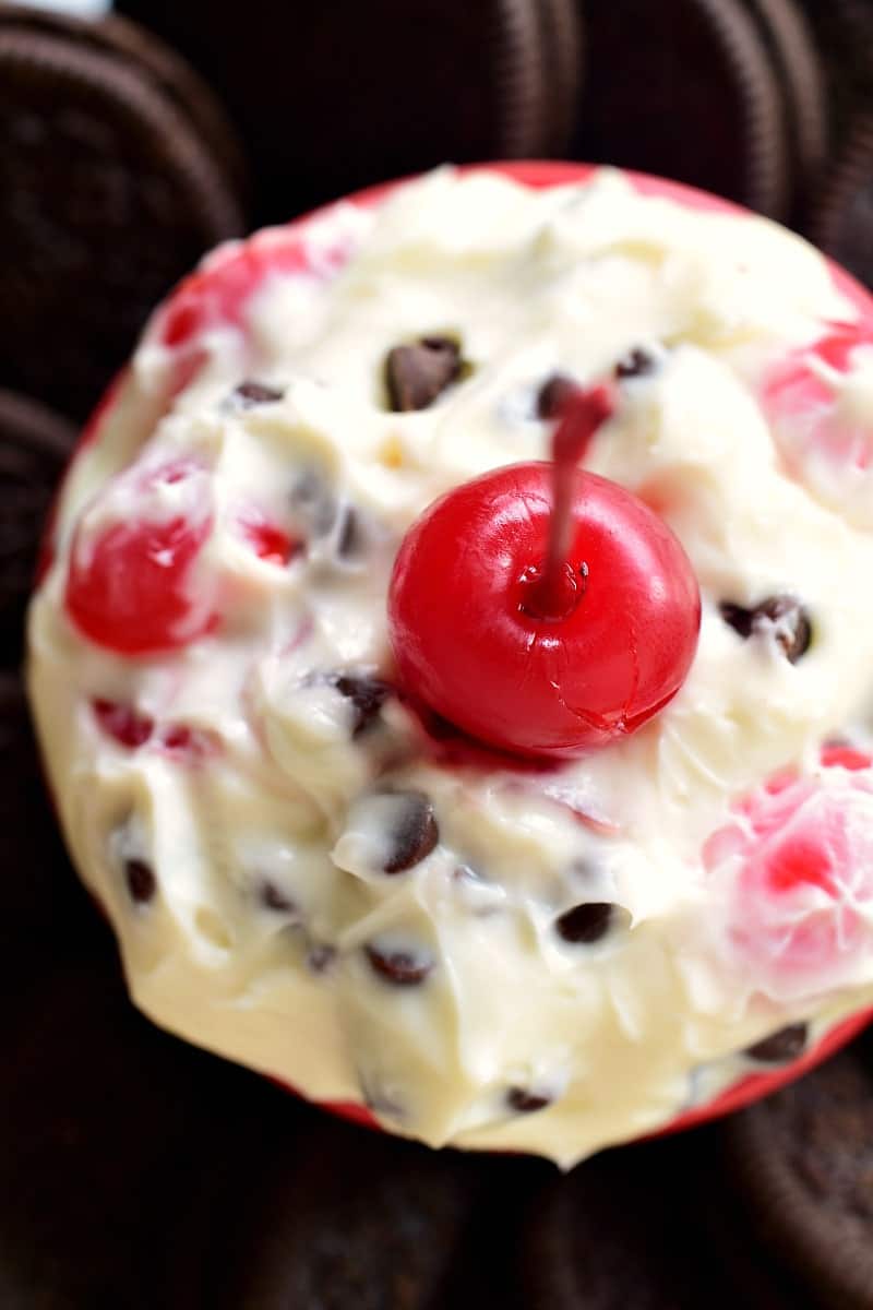 This Chocolate Cherry Amaretto Dip is sweet, creamy, and SO delicious! This 5 minute, 5 ingredient dip will disappear fast! Perfect for Valentine's Day....or just because!