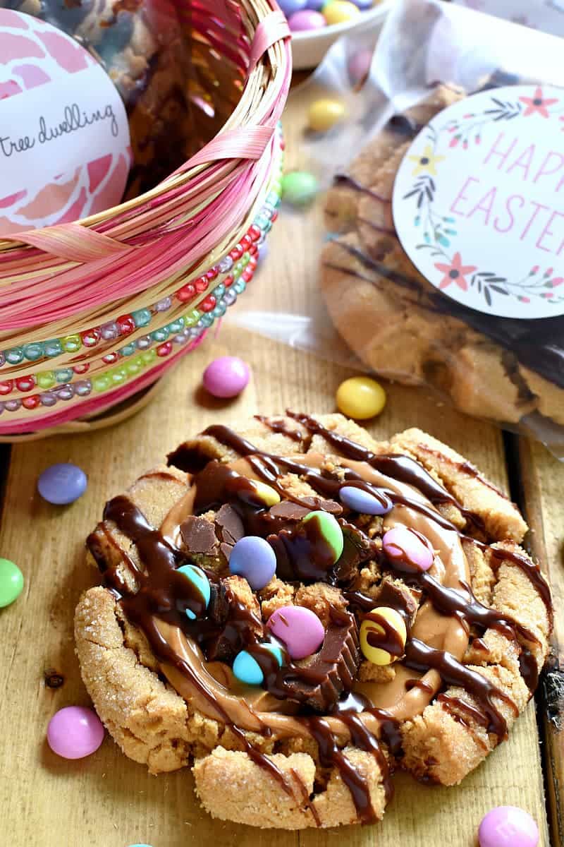 These Chocolate Peanut Butter Overload Cookies are a peanut butter lover's dream! Topped with peanut butter cups, M&M's, and chocolate ganache....they're the ultimate chocolate peanut butter combo!