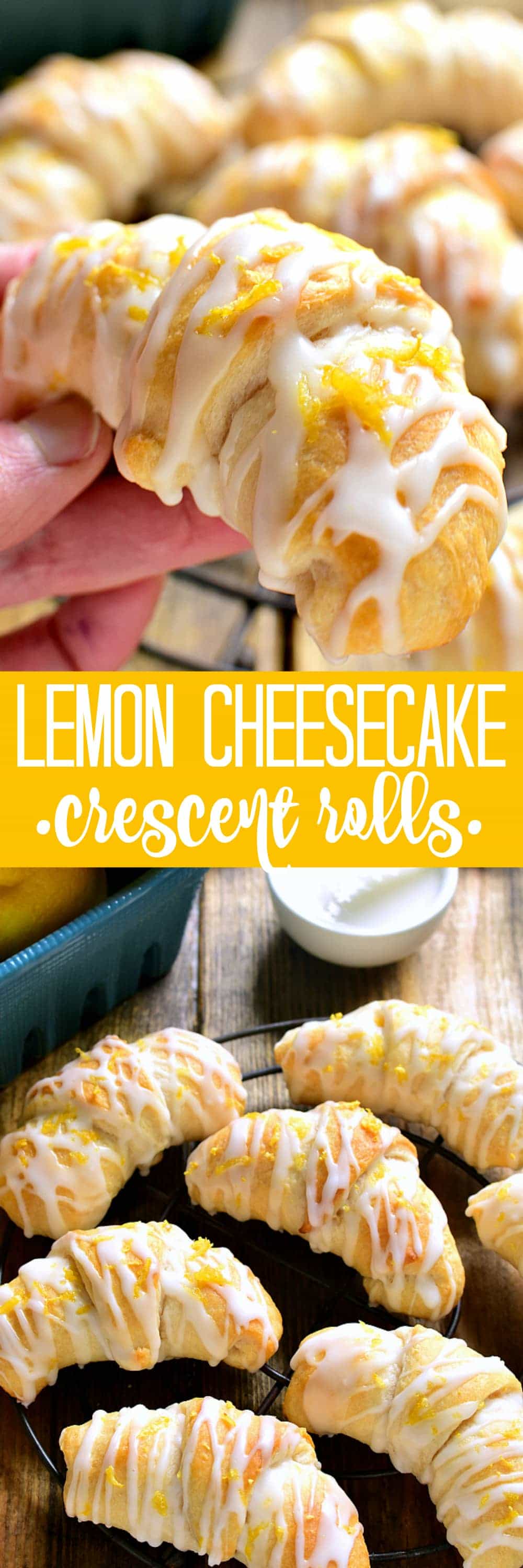 These Lemon Cheesecake Crescent Rolls are bursting with bright lemon flavor! Flaky crescent rolls filled with creamy lemon cheesecake and topped with a citrus glaze...the perfect addition to any brunch!