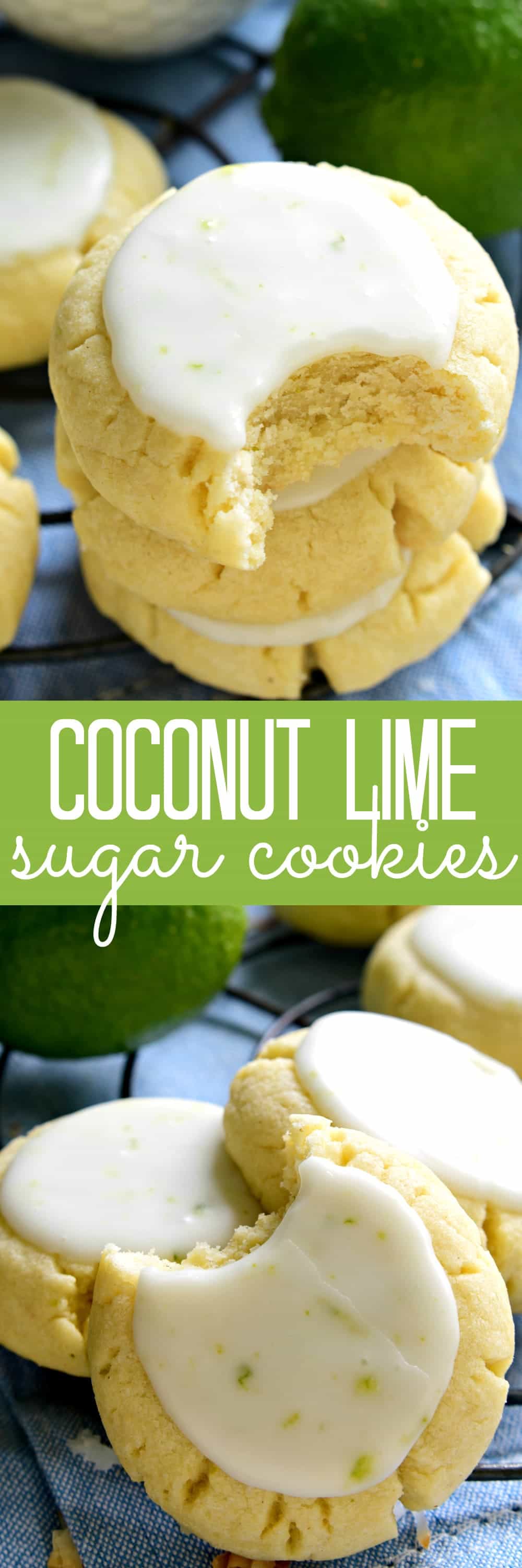 These Coconut Lime Sugar Cookies are a delicious taste of the tropics! Soft, pillowy sugar cookies flavored with coconut and lime zest, then topped with a sweet lime icing. Sure to become a new favorite!
