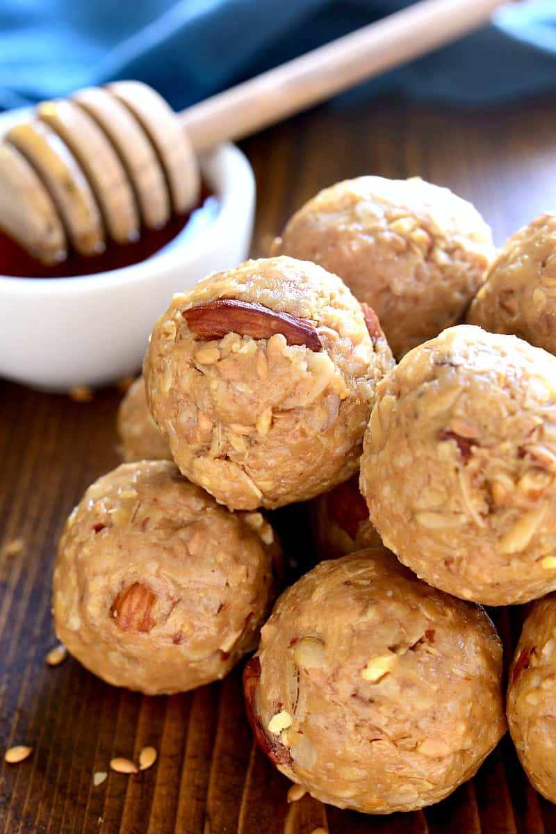 These Honey Almond Energy Bites are packed with the BEST flavors and perfect for snacking! They're a little bit salty, a little bit sweet, and guaranteed to give you the energy boost you need!