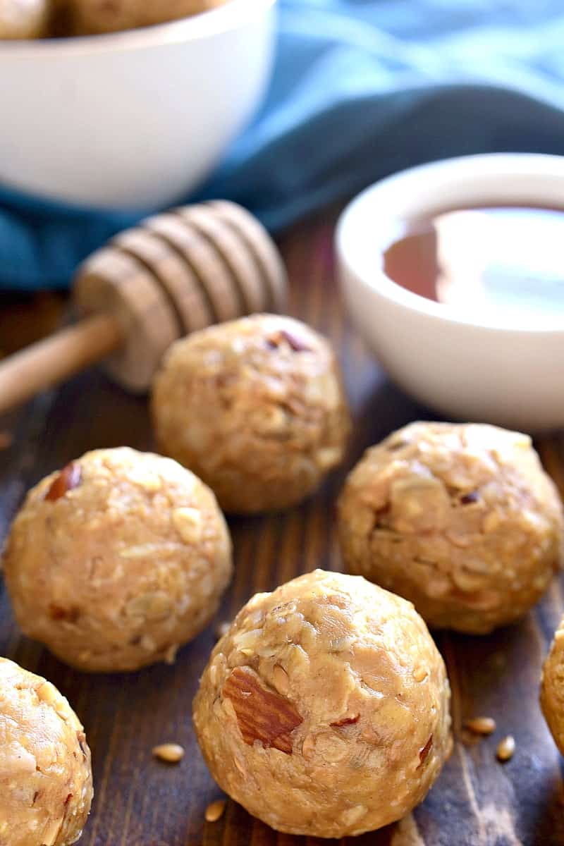 These Honey Almond Energy Bites are packed with the BEST flavors and perfect for snacking! They're a little bit salty, a little bit sweet, and guaranteed to give you the energy boost you need!