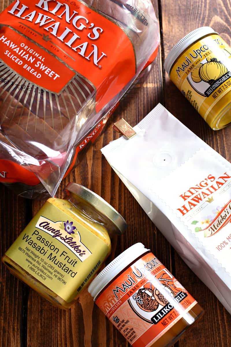 loaf of King's Hawaiian bread and various condiments made in Hawaii