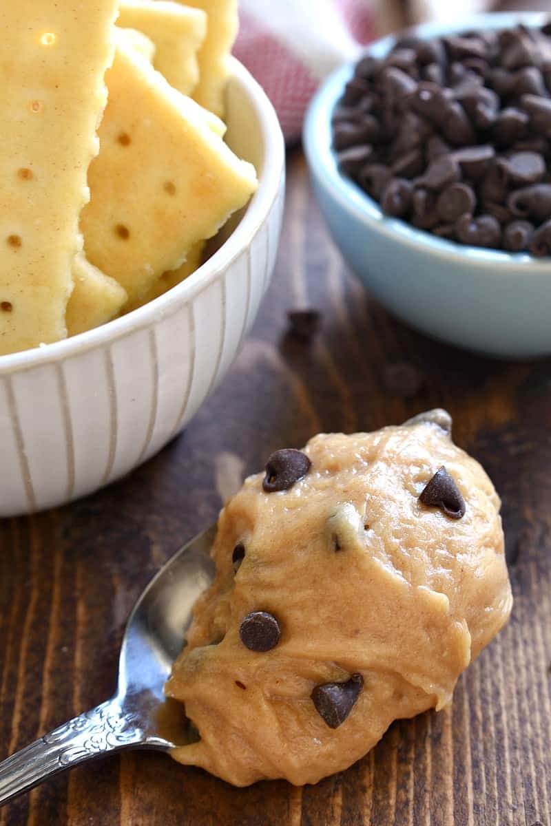 spoonful of creamy peanut butter chocolate chip dip next to buttery crackers and a bowl of chocolate chips