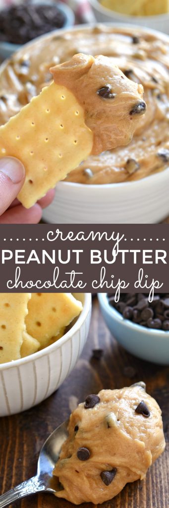 titled photo collage of Creamy Peanut Butter Chocolate Chip Dip 