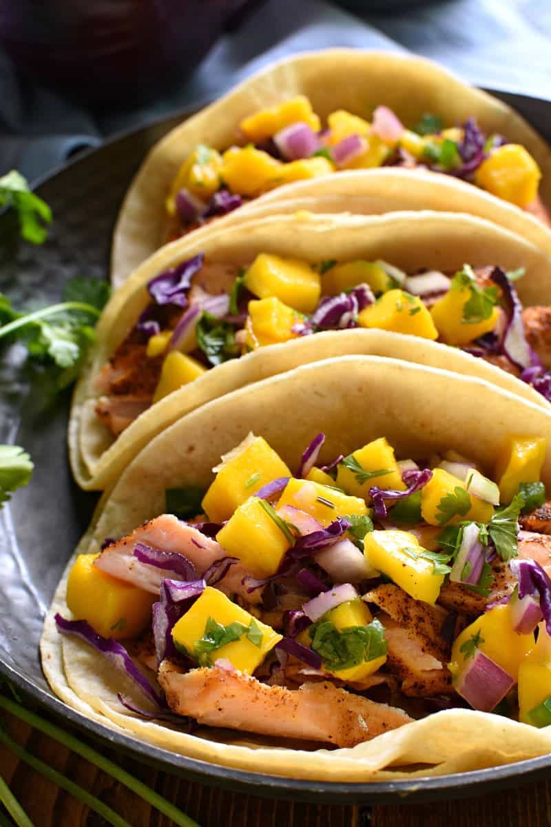 trio of salmon Fish Tacos  on a platter