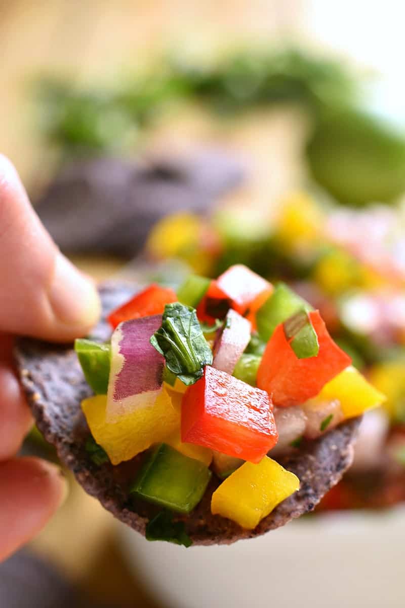 This Bell Pepper Salsa is a deliciously fresh, crisp alternative to classic salsa! Perfect for summer dipping!