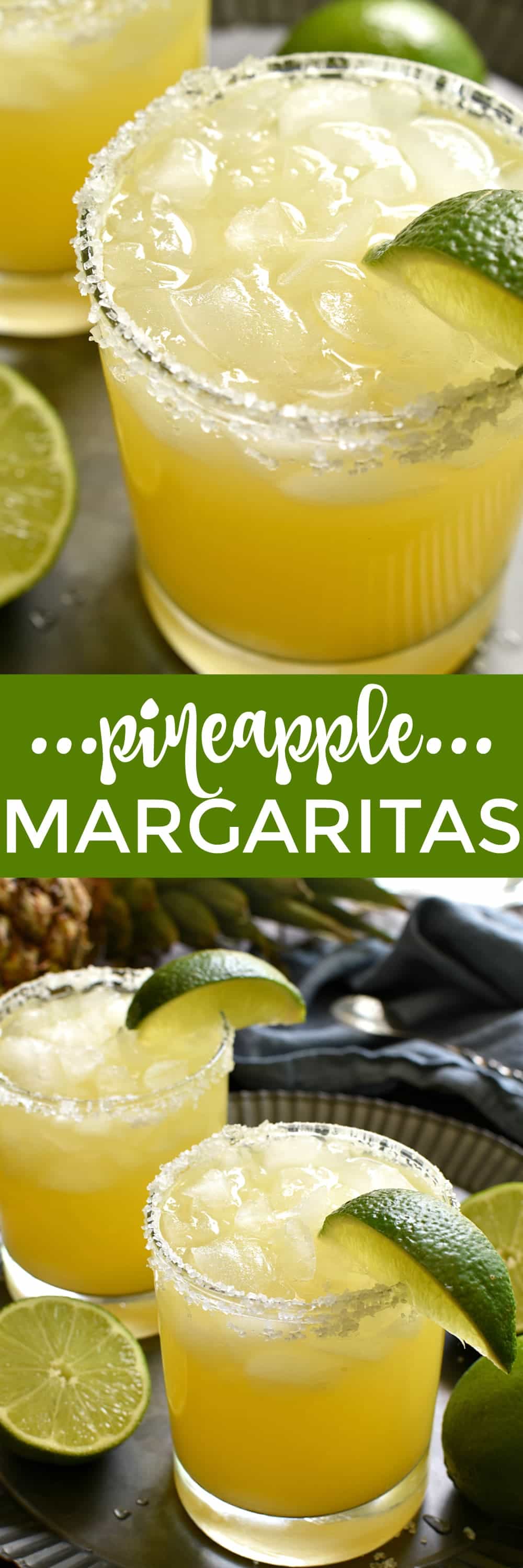 disse ananas Margaritas er en lækker sød, forfriskende vri på originalen! Lavet med kun 4 enkle ingredienser og perfekt til happy hour, fridage og hele sommeren!