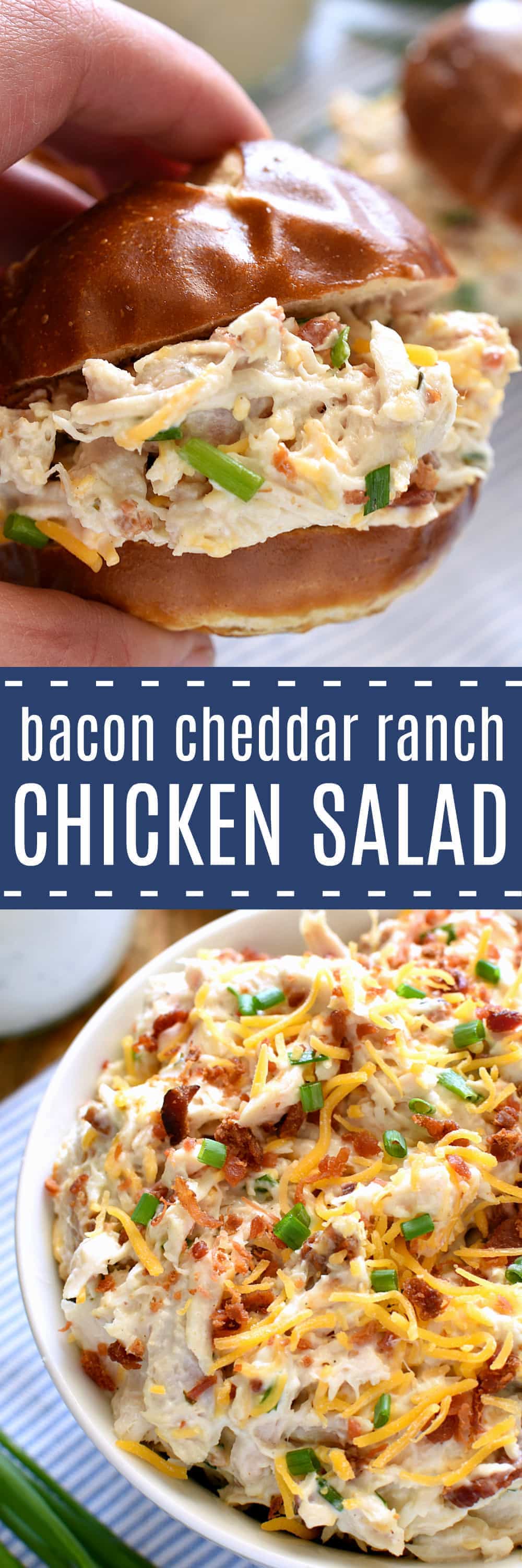 This Bacon Cheddar Ranch Chicken Salad is packed with all the BEST flavors! Chicken, bacon, cheddar, cheese, and ranch dressing come together in the most delicious way in this chicken salad that's guaranteed to become a favorite!