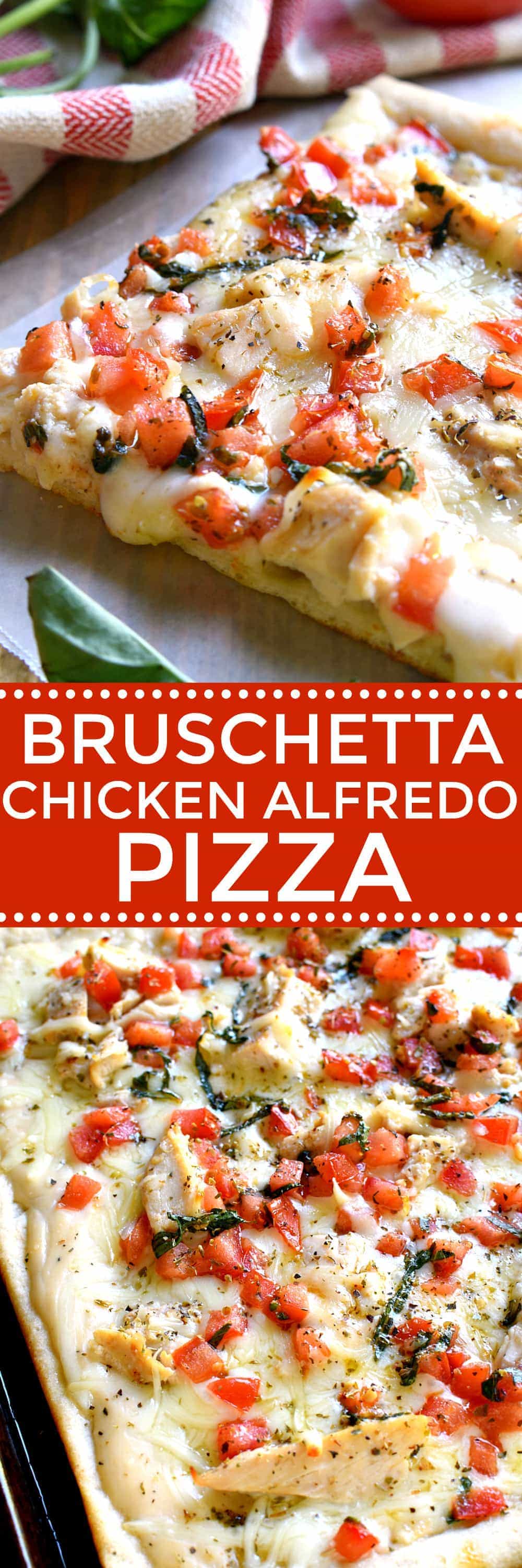 This Bruschetta Chicken Alfredo Pizza is a little taste of Italy, right in your own kitchen! Packed with delicious flavor and ready in under 30 minutes, this pizza is perfect for family night, date night, or a fun night with friends!