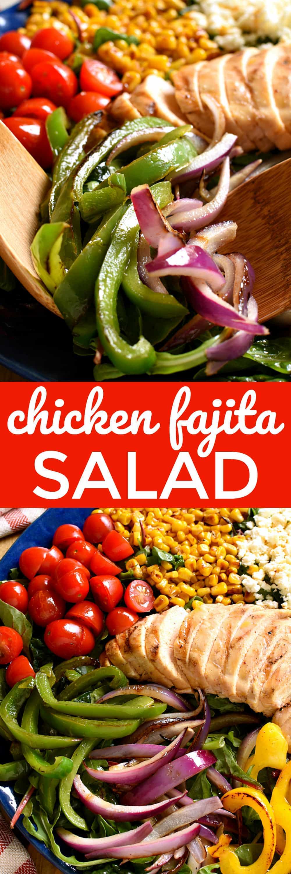 If you love Chicken Fajitas, you'll LOVE this Chicken Fajita Salad! Loaded with grilled peppers, onions, chicken, corn, tomatoes, avocado, and queso fresco....this salad has ALL the best flavors, and a delicious chili lime vinaigrette to top it all off!
