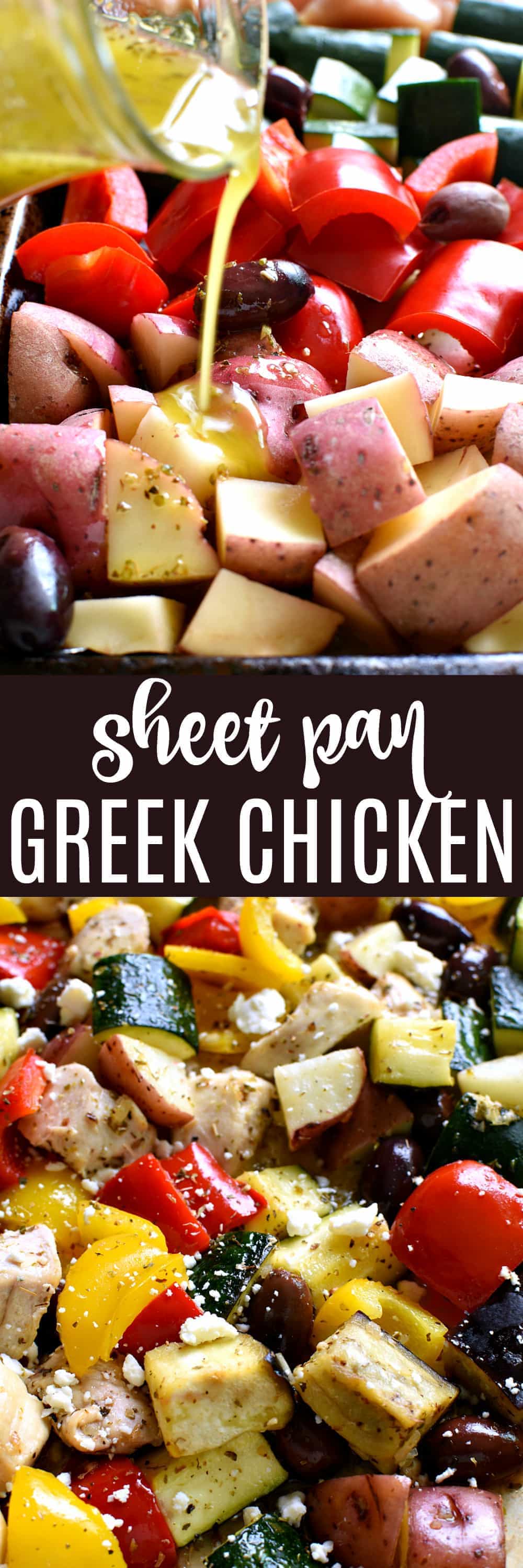 This Sheet Pan Greek Chicken has ALL the best flavors! Loaded with chicken, veggies, kalamata olives, and Greek seasonings, this delicious one pan dinner comes together quickly and feeds a family!