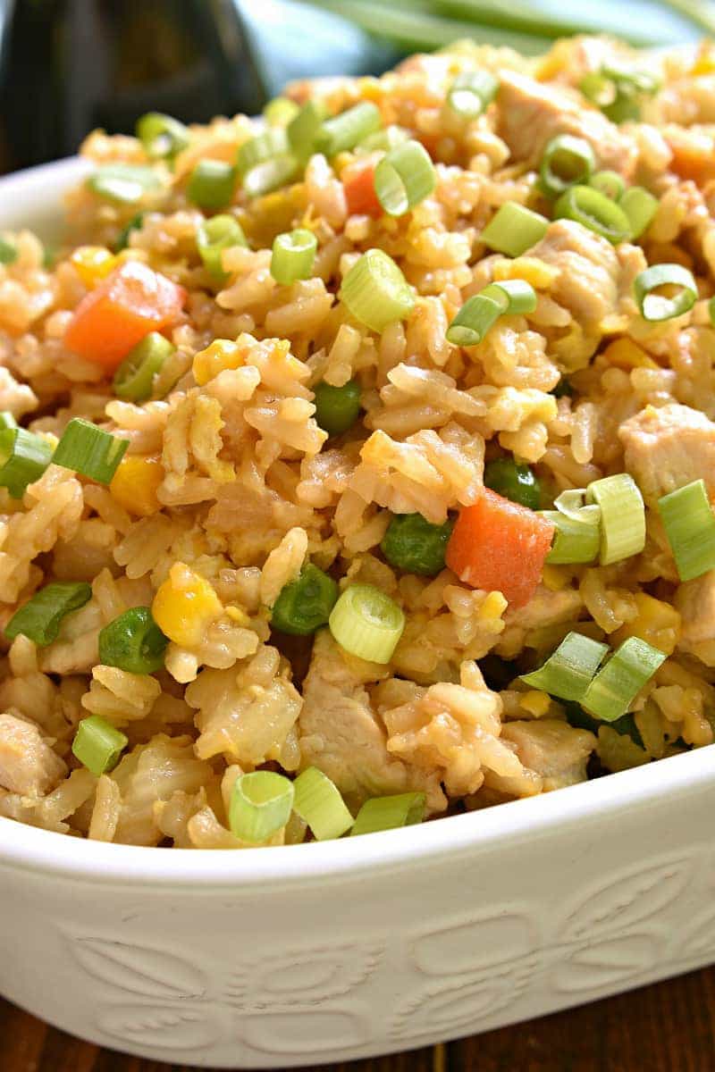 Better than Takeout Chicken Fried Rice - made with just 6 ingredients and ready in 15 minutes! The perfect EASY dinner or side dish...just in time for back to school!