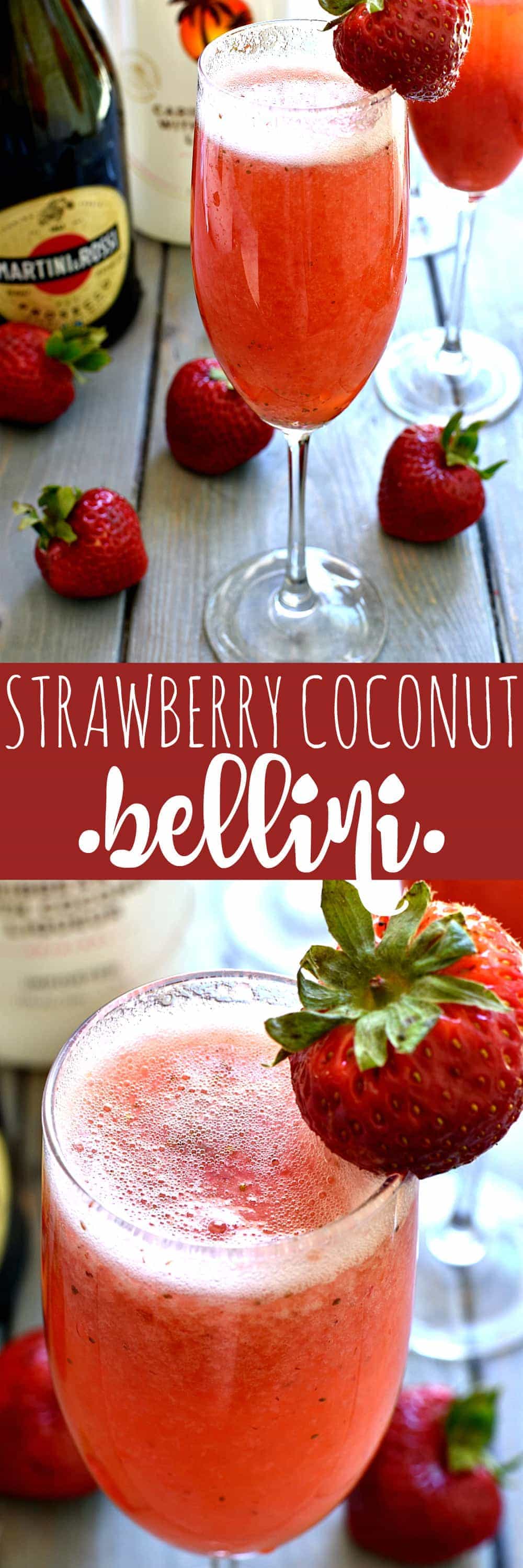 This Strawberry Coconut Bellini is a deliciously sweet, refreshing, tropical twist on the original! Made with just four ingredients, it's the perfect cocktail for brunch, ladies night, or any night....and you won't believe how easy it is to make!