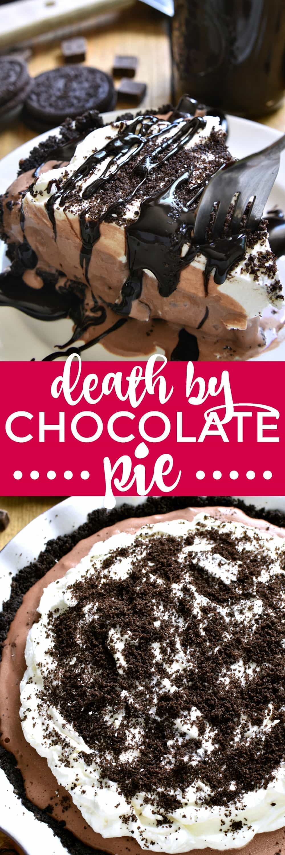This Frozen Death by Chocolate Pie is the ULTIMATE chocolate lover's treat! Loaded with delicious chocolate flavor and topped with homemade whipped cream and hot fudge, this pie is perfect for birthdays, ladies nights, or special occasions. And best of all, it's completely no-bake!