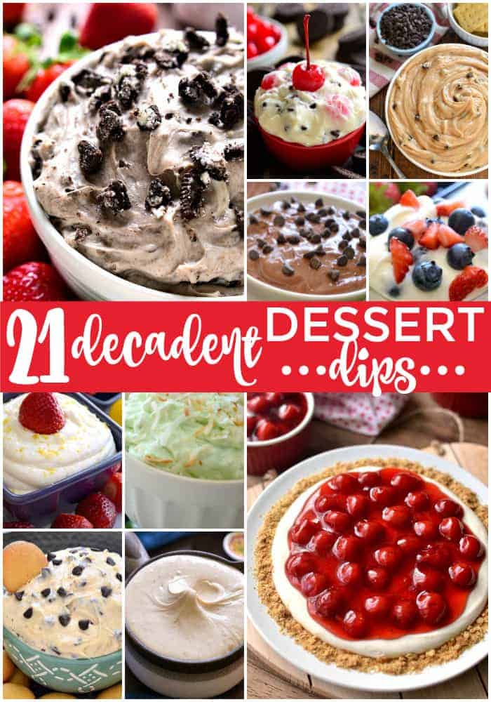 If you love easy desserts....and you love dips....you're guaranteed to find some new favorites in this collection of 21 Decadent Dessert Dips! Featuring everything from peanut butter and chocolate chips to fresh fruit, pie filling, and even brownie mix, these dessert dips are your go-to source for easy holiday dessert recipes!