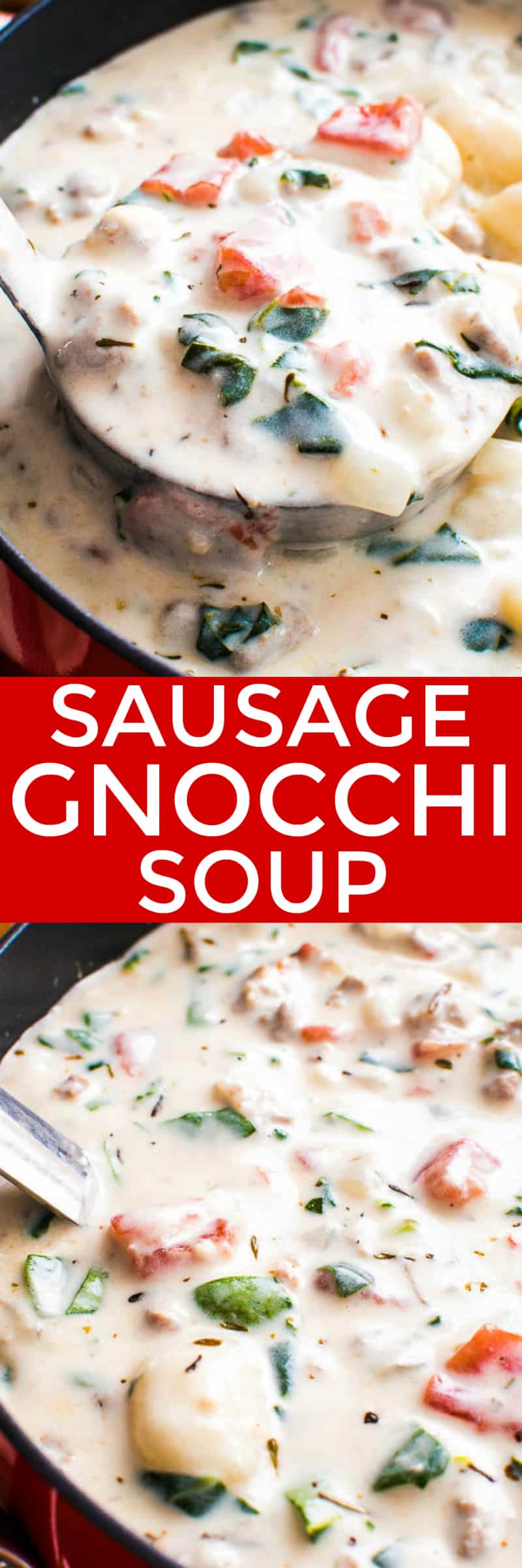 Creamy Sausage Gnocchi Soup combines the delicious flavors of Italian Sausage, tomatoes, spinach, and gnocchi in a deliciously creamy, flavor-packed soup.