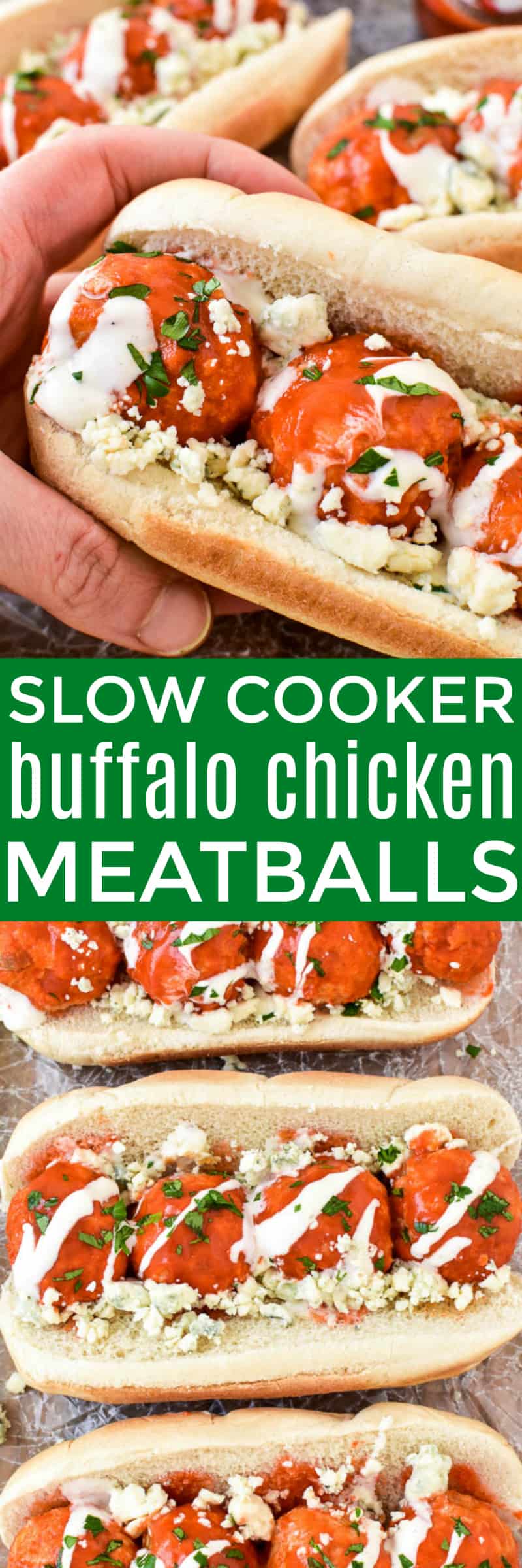 Buffalo Chicken Meatballs...made in the slow cooker! These meatballs are loaded with delicious ingredients and packed with the BEST flavor. They make a great easy appetizer or sandwich, and are perfect for game days, parties, or summer tailgating.