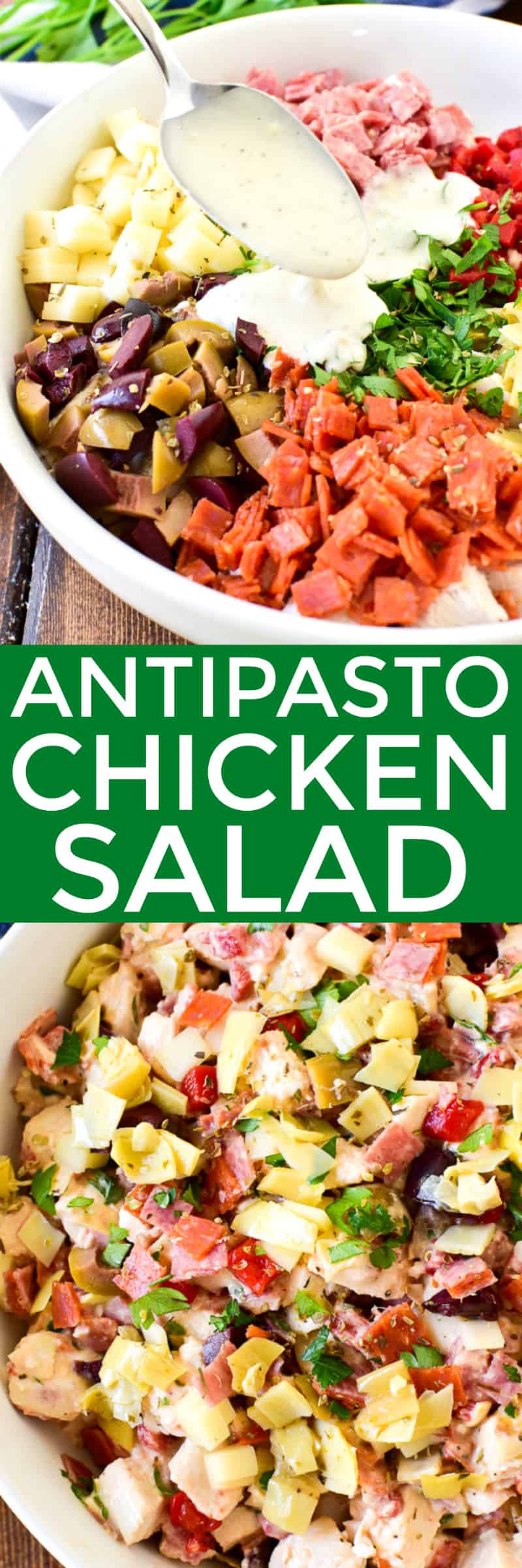 Antipasto Chicken Salad is a delicious twist on a classic! It combines all the traditional antipasto flavors in a simple creamy Italian dressing. Perfect for summer picnics or weeknight dinners, this chicken salad is amazing in a sandwich or all on its own. If you love antipasto, you'll love this yummy combo! @sugardale #sponsored