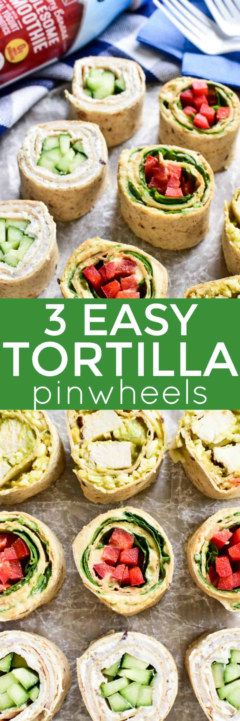 Tortilla Pinwheels make the perfect snack for busy summer days! They're healthy, satisfying, and can easily be made with any of your favorite ingredients. These 3 easy pinwheel recipes are each made with just four ingredients, and they come together in no time at all. Just fill them, roll them, slice them, and they're ready to enjoy. And....they pair perfectly with Live Real Farms Wholesome Smoothies for an easy snack or lunch on the go! #sponsored 