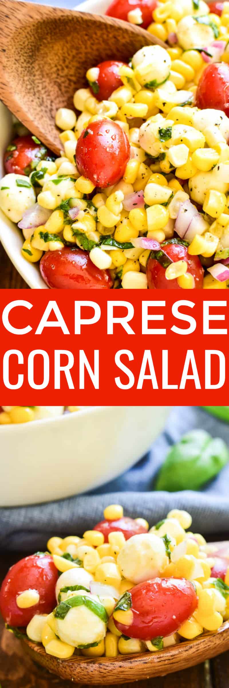 This Caprese Corn Salad combines some of the BEST flavors of summer in one delicious side dish! Fresh sweet corn meets the classic flavor combination of tomatoes, basil, and fresh mozzarella. Dressed in a light vinaigrette, this salad is the perfect side dish for any meal. It can be enjoyed all on its own or topped with grilled chicken or shrimp for a light yet satisfying dish. If you love caprese salad, you'll love this easy, flavorful summer twist!