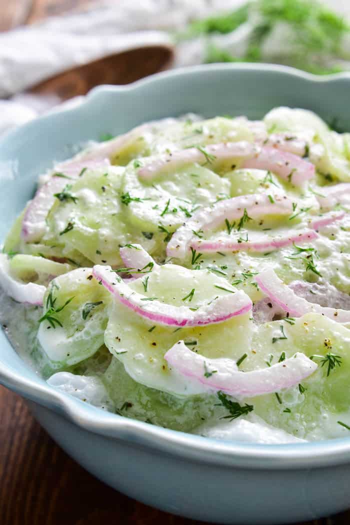 Creamy Cucumber Salad in serving bowl