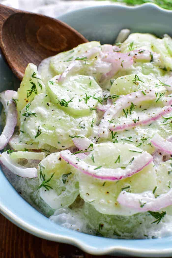 Creamy Cucumber Salad with spoon