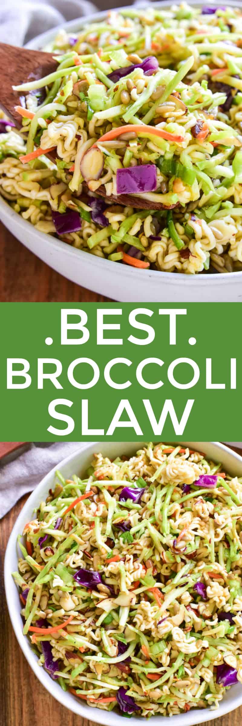 The BEST Broccoli Slaw recipe! This salad always gets rave reviews. It's loaded with broccoli, almonds, sunflower seeds, ramen noodles, and green onions and tossed in the most flavorful dressing. Perfect for end of summer picnics or year round get togethers, if you love cole slaw, you'll love this delicious broccoli slaw twist!