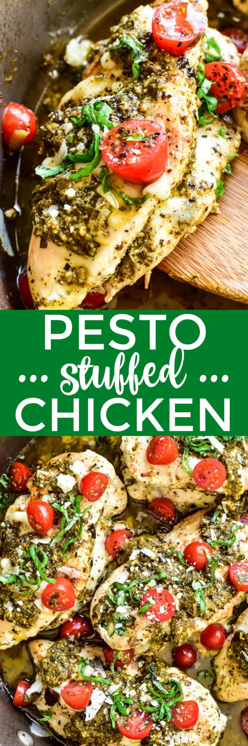 This Cheesy Pesto Stuffed Chicken is the ultimate dinner recipe! Ready in 30 minute or less, this dish is packed with flavor and so easy to make. It combines boneless, skinless chicken breasts with basil pesto, grape tomatoes, and two types of cheese. Perfect for weekday dinners or date nights in....if you're looking for an easy, delicious twist on dinner, you'll love this stuffed chicken recipe!