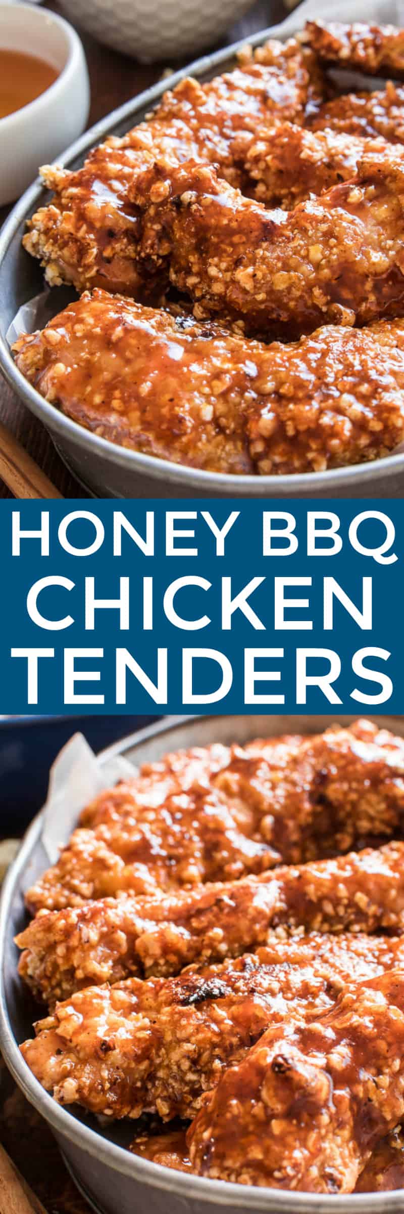 Honey BBQ Chicken Tenders are the perfect option for easy weeknight dinners! Tender, juicy chicken dipped in barbecue sauce, coated in crunchy kettle corn, and finished off with a sweet honey barbecue glaze. These chicken tenders are oven-baked and make a delicious family meal....and they're perfect for game days, too. If your family loves chicken tenders, this recipe is a must make!