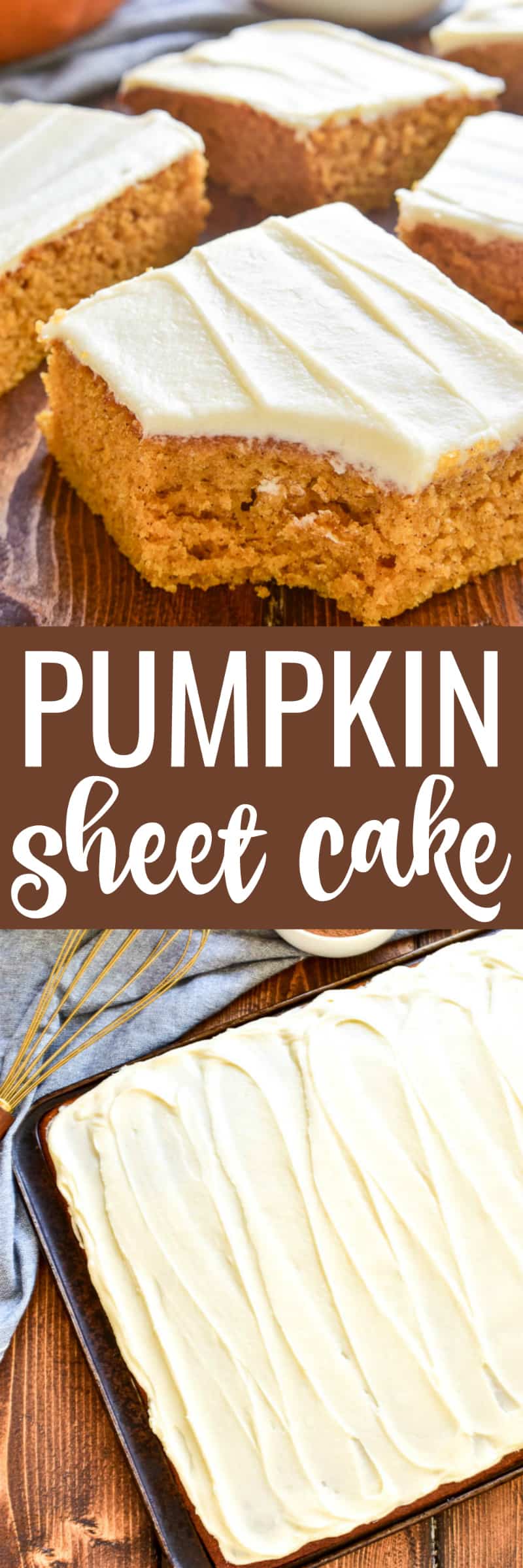 Pumpkin Sheet Cake is the ultimate taste of fall! Light, fluffy pumpkin cake topped with cream cheese frosting and a twist of maple syrup. This cake is easy to make and ideal for feeding a crowd. The perfect dessert for Thanksgiving or any fall gathering!