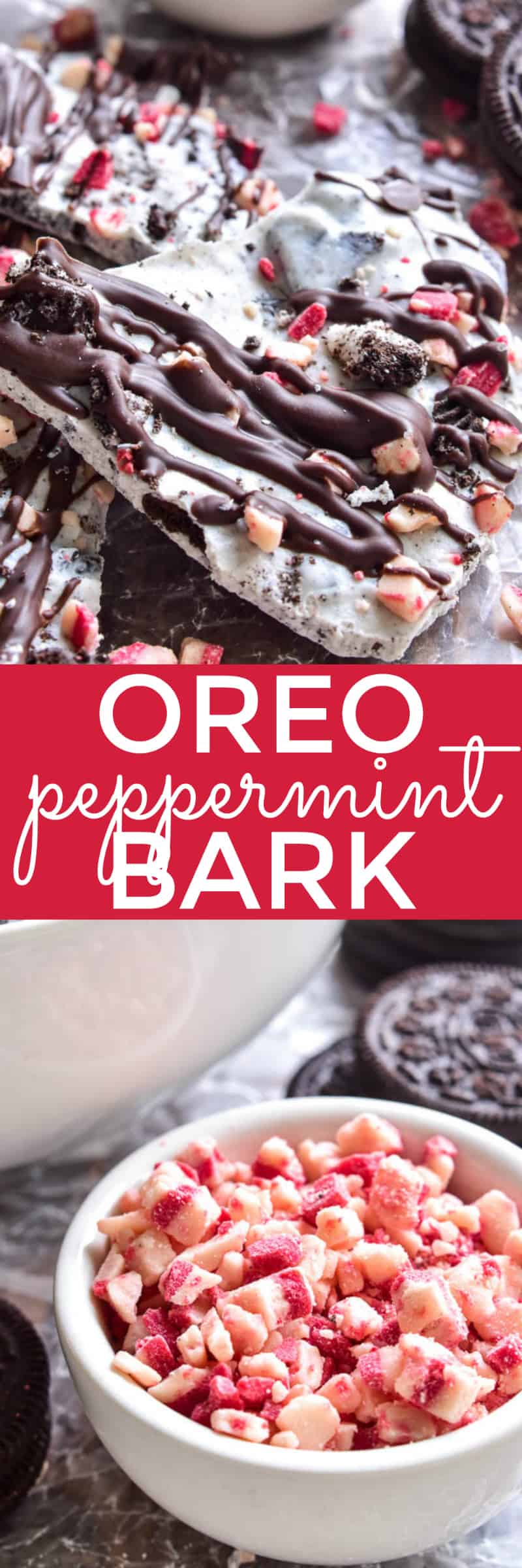 Oreo Peppermint Bark is one of our holiday favorites! Creamy white chocolate loaded with crushed Oreos and peppermint pieces, then topped with crunchy Oreos and a drizzle of milk chocolate. This bark is easy to make and SO addictive....and it makes the best holiday gift!