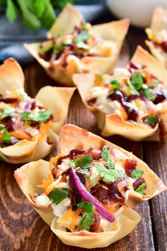 BBQ Chicken Wonton Cups with red onion and cilantro