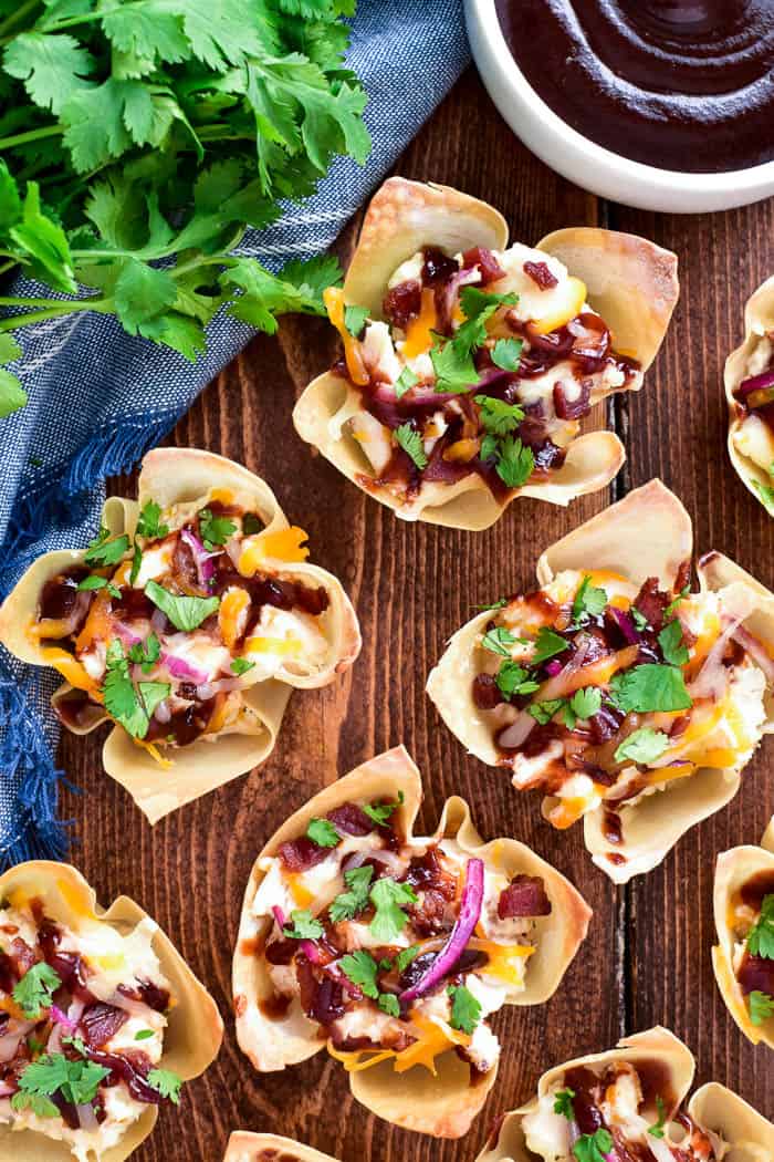 Overhead of BBQ Chicken Wonton Cups with BBQ Sauce and fresh cilantro