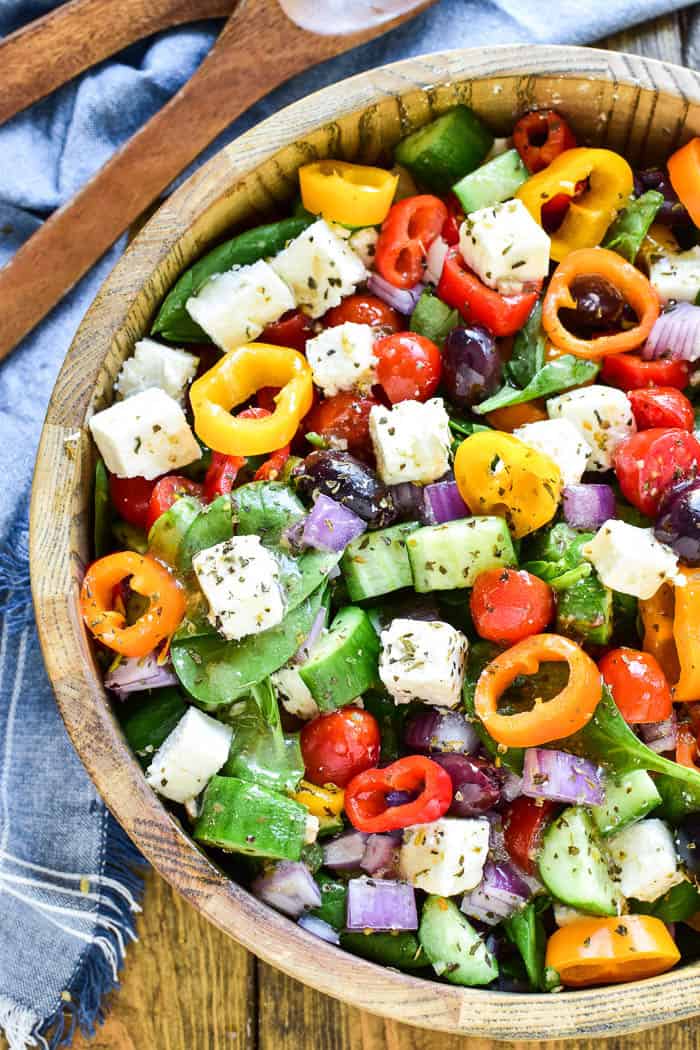 Greek Salad tossed in serving bowl