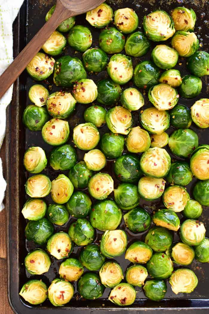 Oven-ready Honey Soy Brussels Sprouts on pan