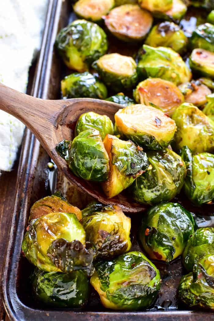 Honey Soy Roasted Brussels Sprouts with serving spoon