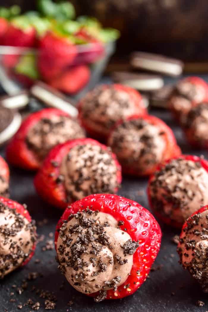 Chocolate mousse stuffed strawberries with Oreo cookie crumbs